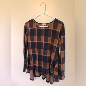 Umgee Navy and Brown Plaid Top Long Sleeve with Flare